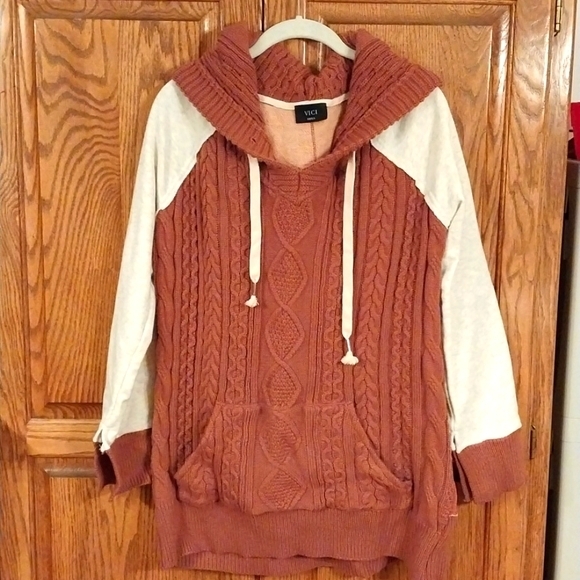 Vici Benjamin Hoodie Sweater Cable Knit Sweatshirt Sz Small Brown Beige Pocketed - Picture 3 of 10